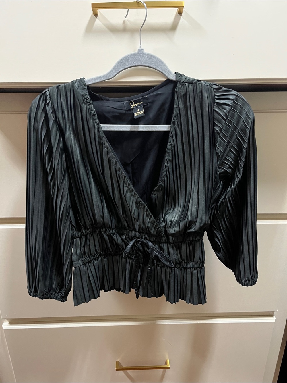 Black Pleated Wrap Blouse with Tie Waist